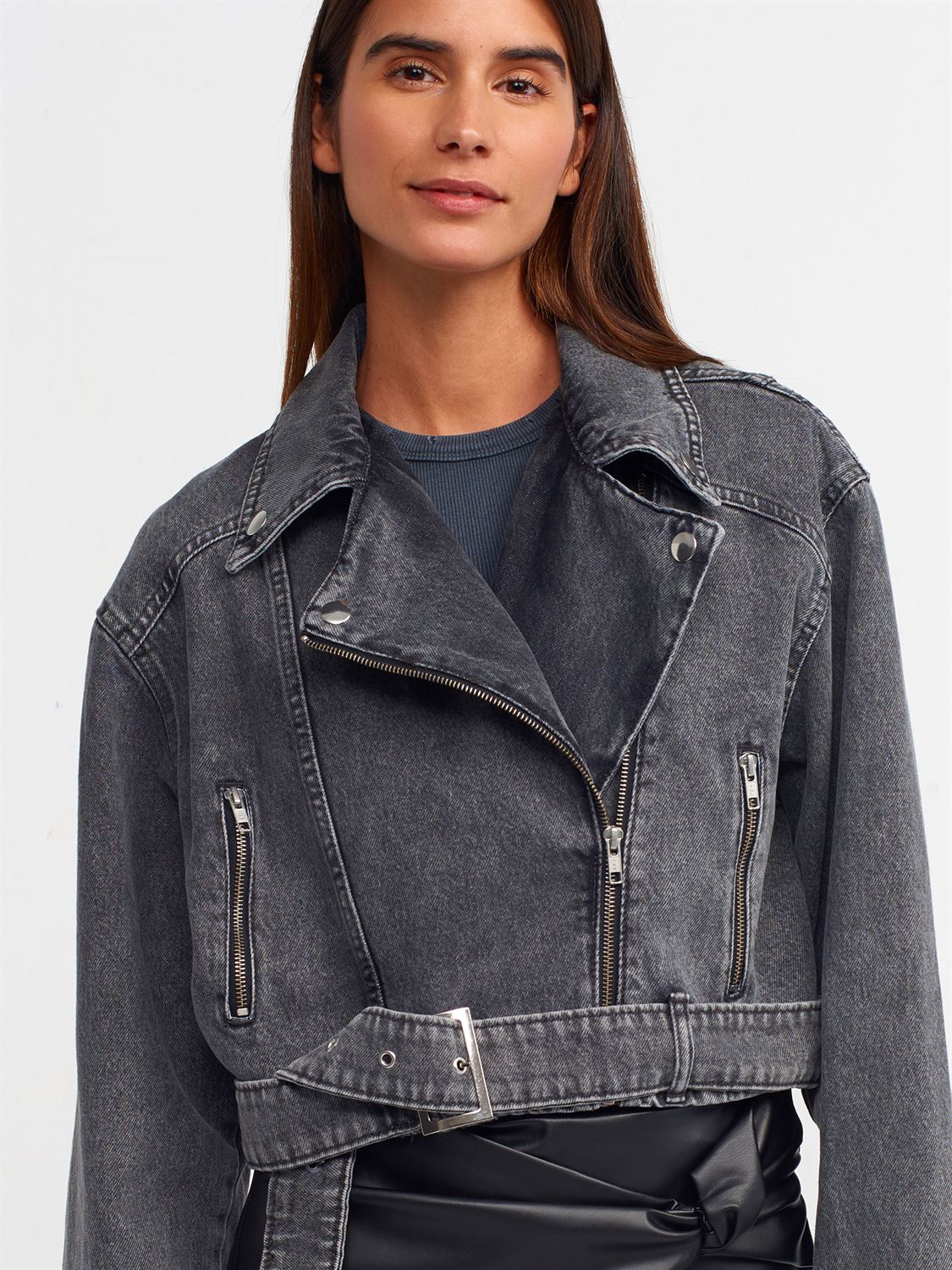 Grey Denim Jacket with Asymmetrical Zip and Buckle Detail for Women