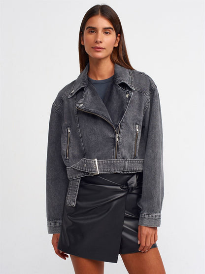 Grey Denim Jacket with Asymmetrical Zip and Buckle Detail for Women