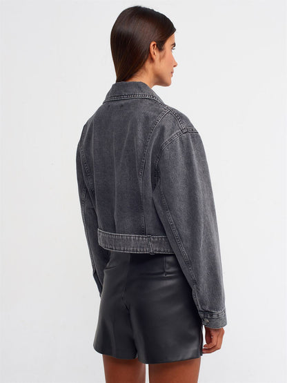 Grey Denim Jacket with Asymmetrical Zip and Buckle Detail for Women