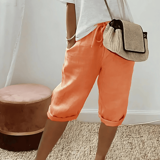 Shorts harem de algodón y lino para mujer hasta la rodilla