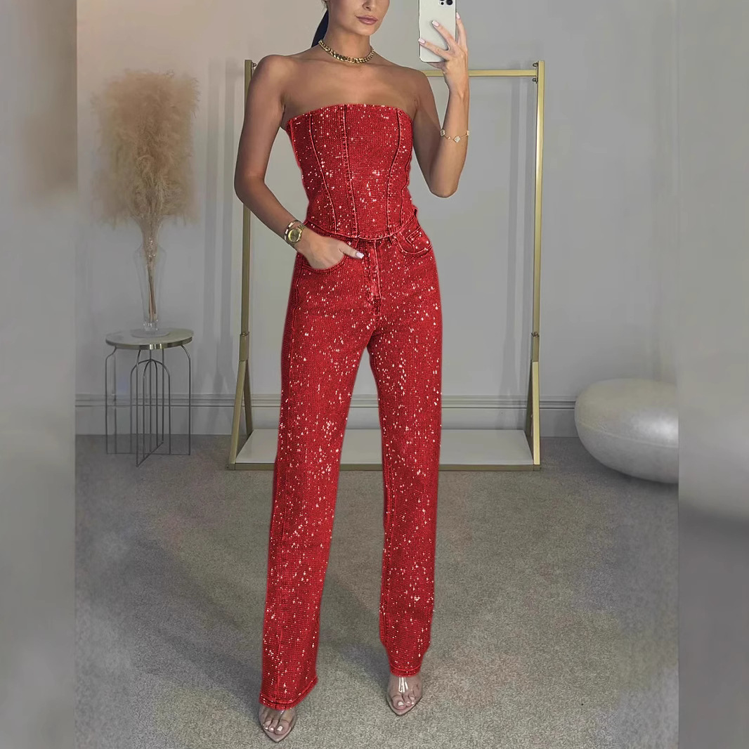 Ensemble à paillettes pour femme avec crop top bustier à sequins et jean