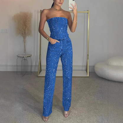 Ensemble à paillettes pour femme avec crop top bustier à sequins et jean