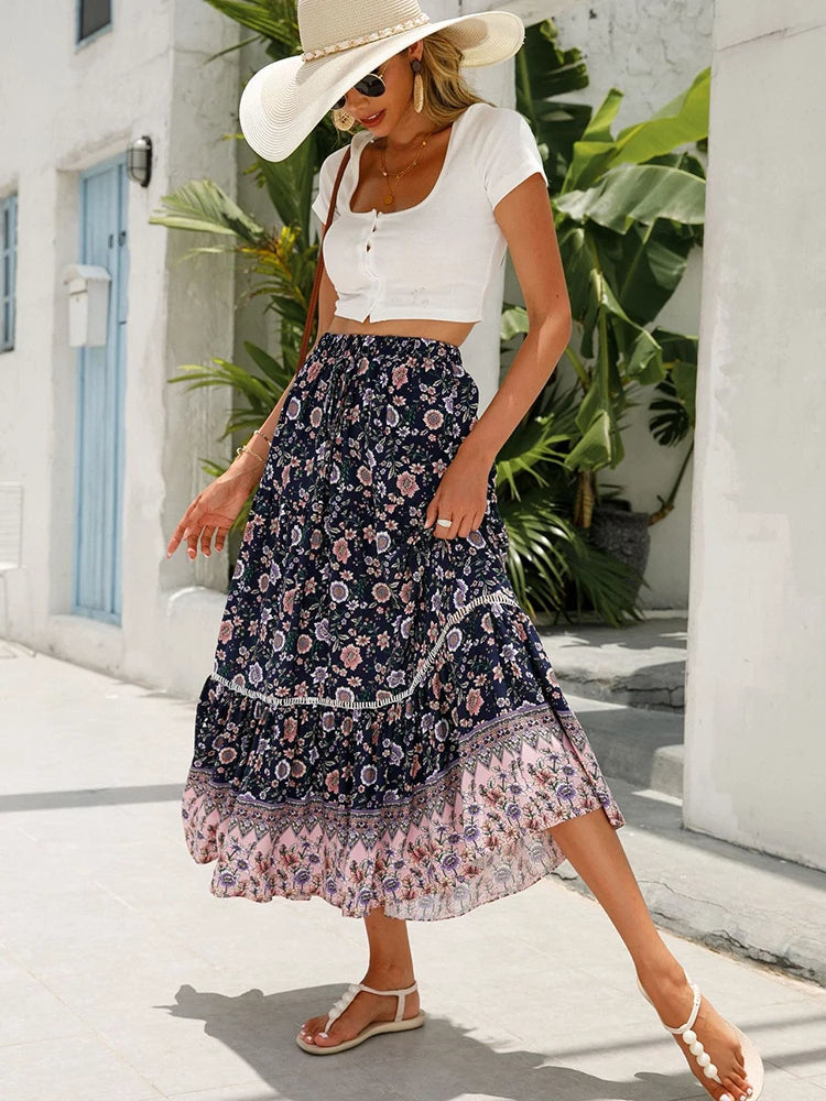 Liora – Retro Summer Skirt with Print and Ruffles