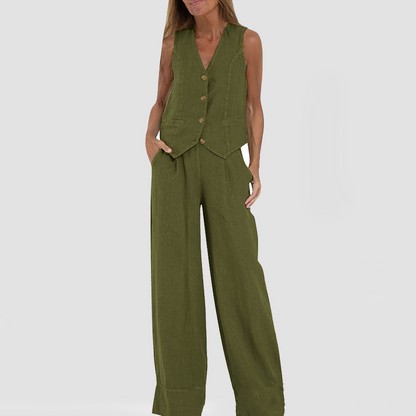 Summer Sleeveless V-Neck Waistcoat and Loose Straight Trousers