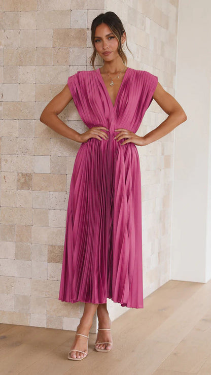 Ilse - Refined Pleated Midi Dress with V-Neck