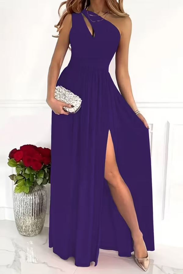 Ladies' Elegant Maxi Dress with One Shoulder Neckline and Split