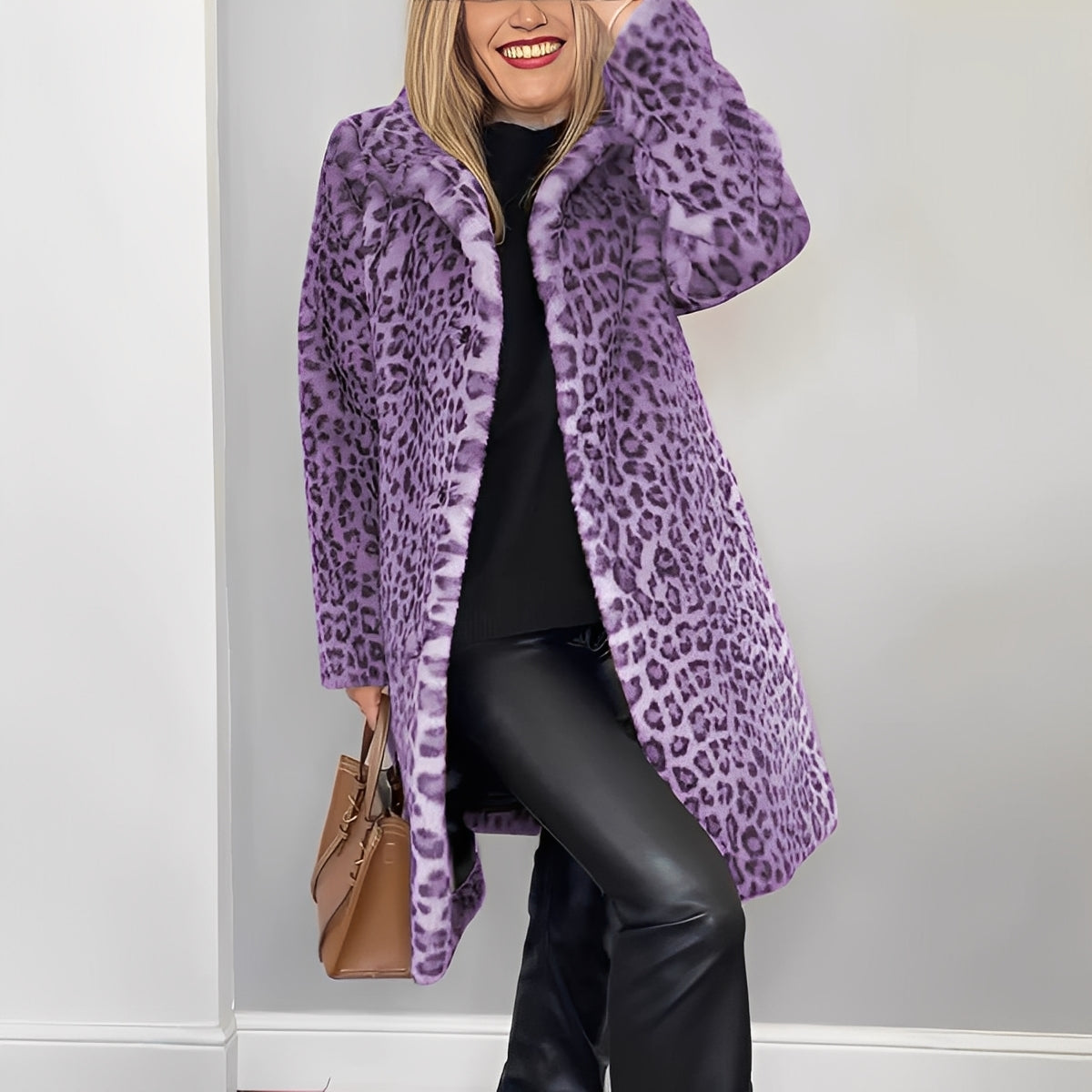 Elegante abrigo largo de invierno para mujer con estampado de leopardo y cuello grande