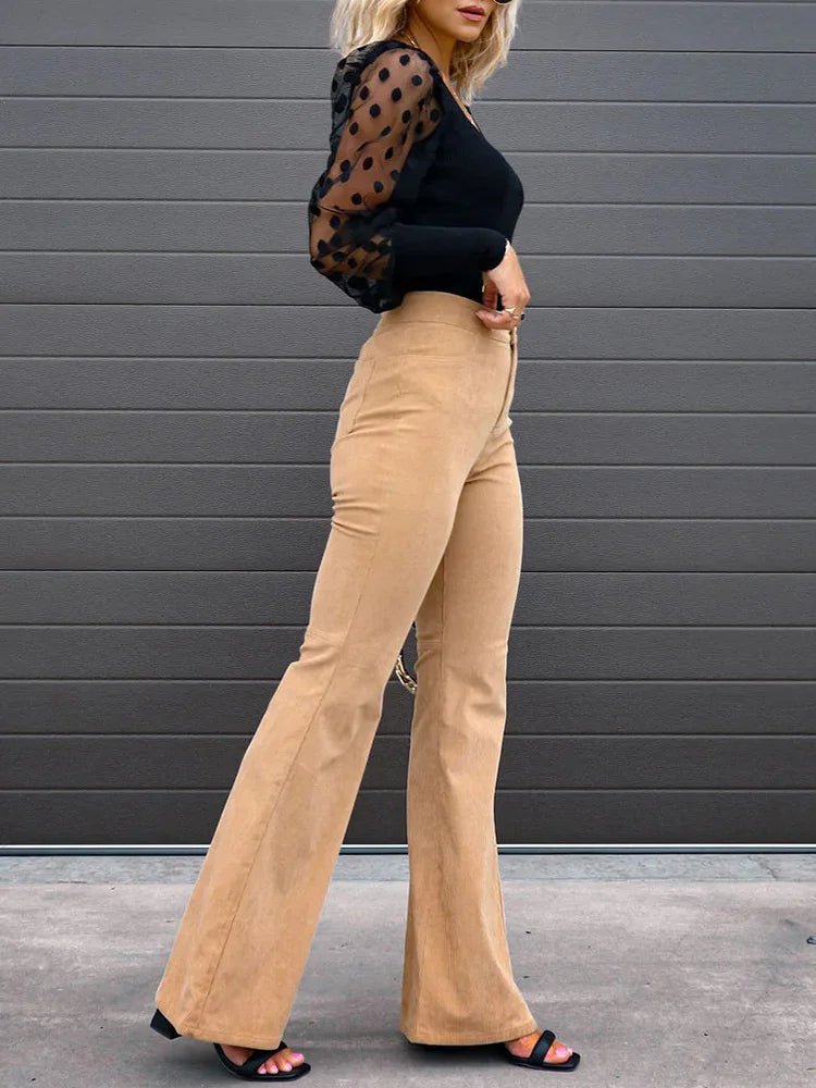 VelvetFlare – Pantaloni a zampa in velluto a coste alla moda, a vita alta e dallo stile rétro