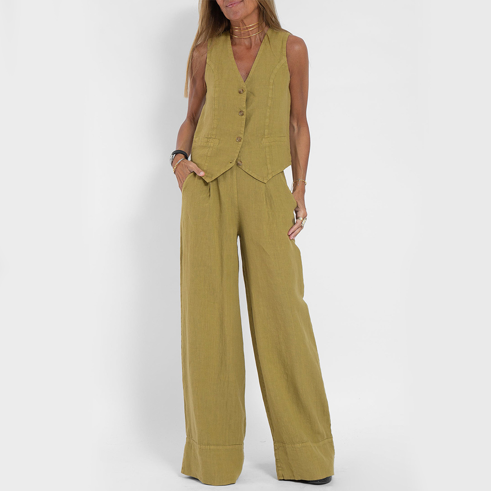 Summer Sleeveless V-Neck Waistcoat and Loose Straight Trousers