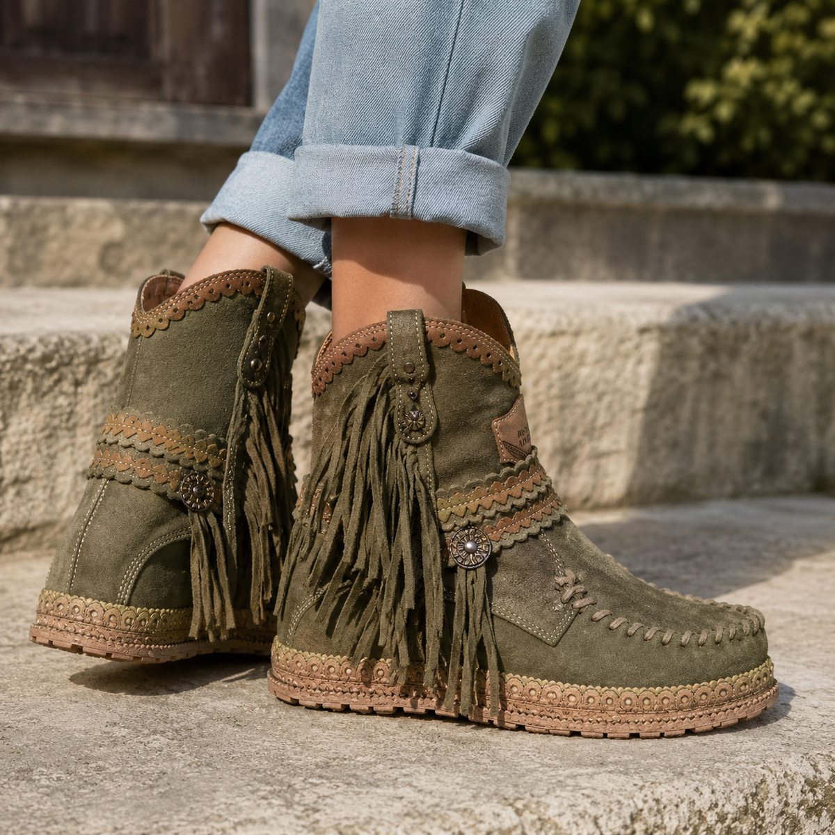 Ladies' Boho Suede Ankle Boots with Fringes and Braided Strap