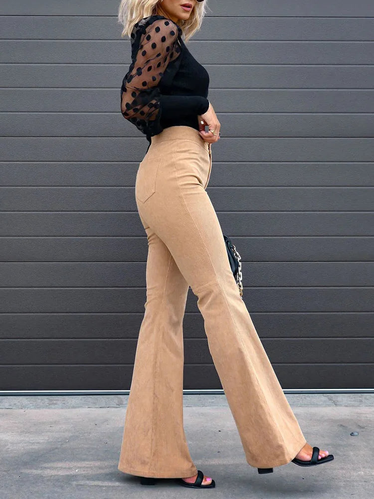 VelvetFlare – Pantaloni a zampa in velluto a coste alla moda, a vita alta e dallo stile rétro