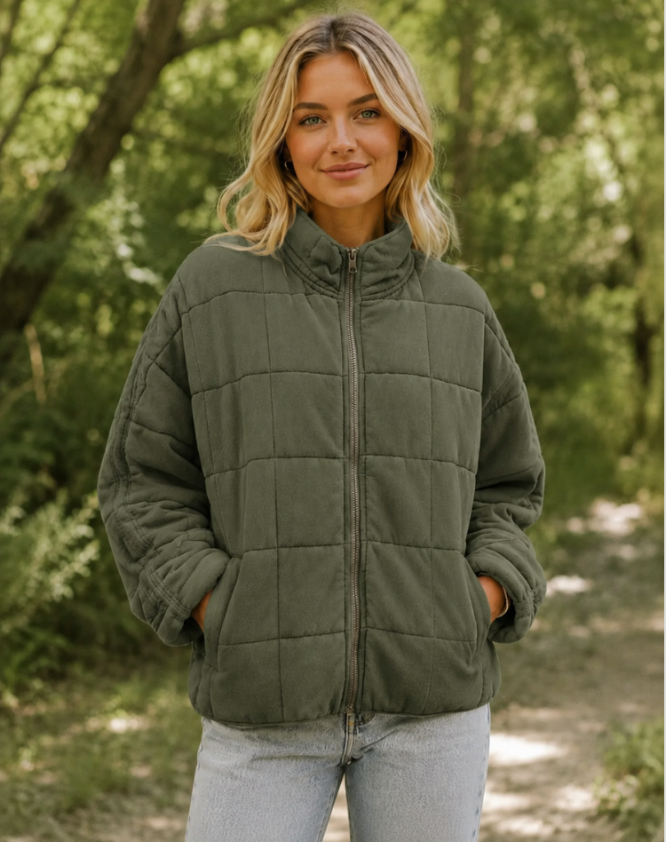 Quilted Bomber Jacket with Zip and Pockets