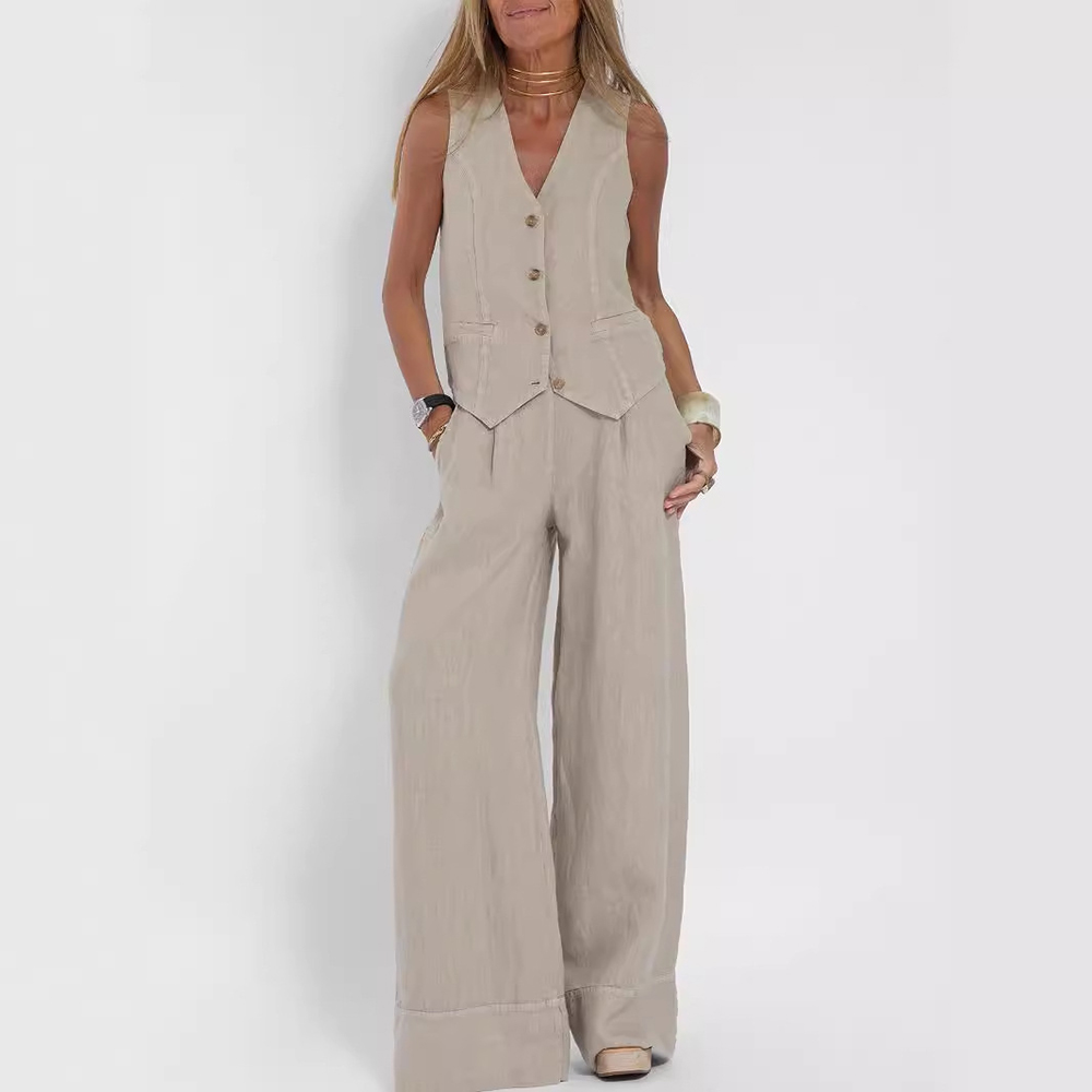 Summer Sleeveless V-Neck Waistcoat and Loose Straight Trousers