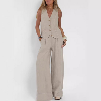 Summer Sleeveless V-Neck Waistcoat and Loose Straight Trousers