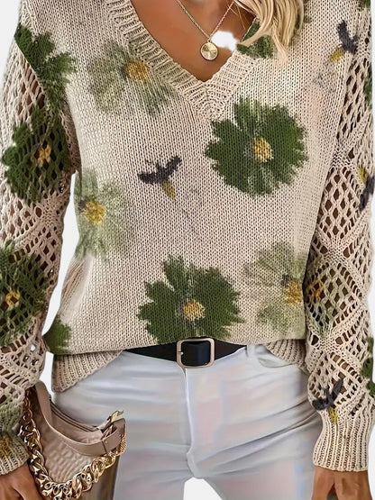 Ladies' Knitted Jumper with Floral Print and V-Neck