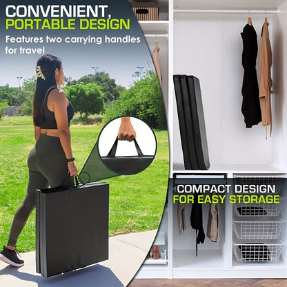 Esterilla de yoga portátil plegable en tres partes, con acolchado grueso, superficie antideslizante de PU y asa