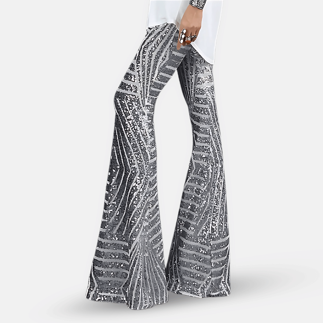 Pantaloni svasati da donna con paillettes e vita alta
