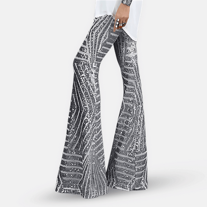 Pantaloni svasati da donna con paillettes e vita alta