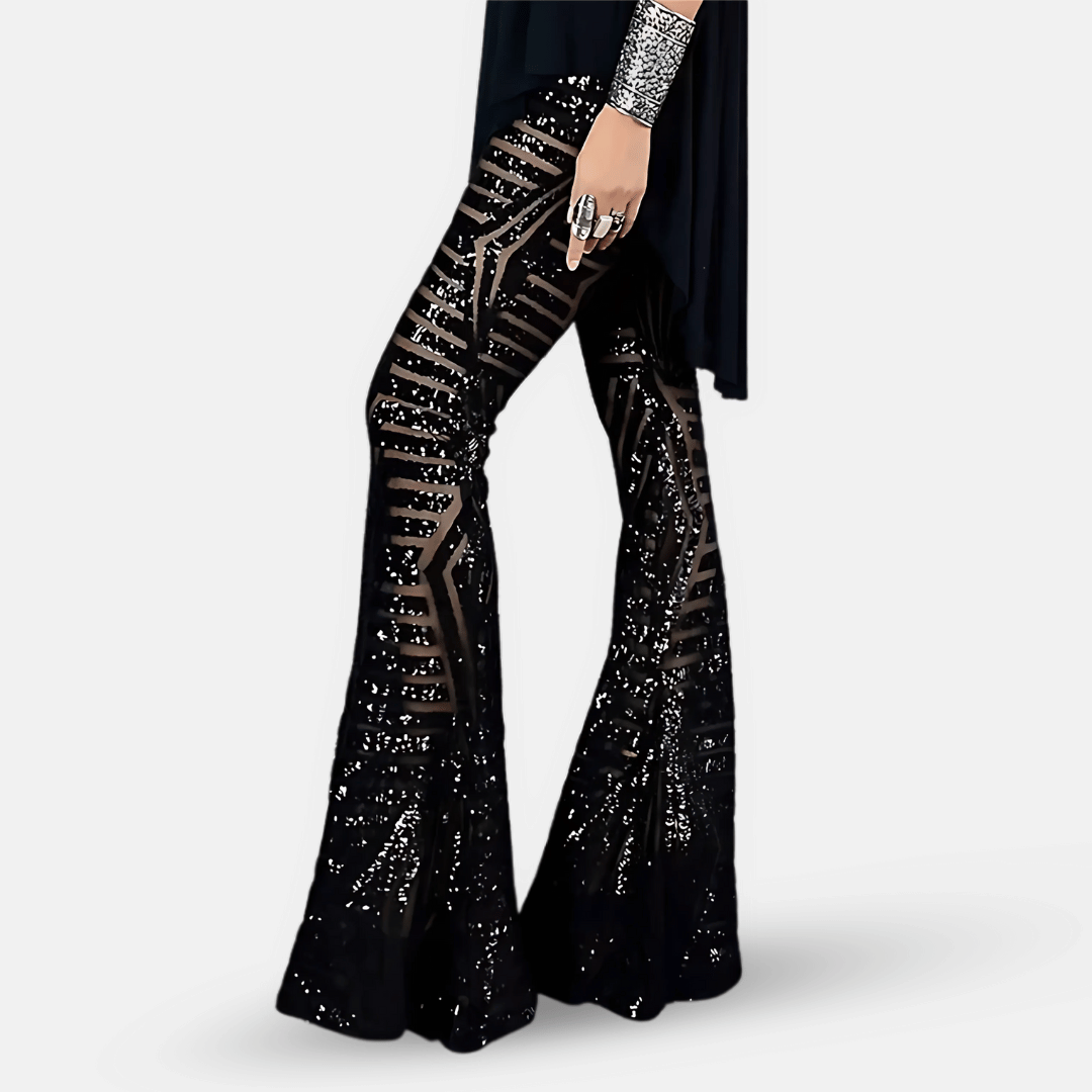 Pantaloni svasati da donna con paillettes e vita alta