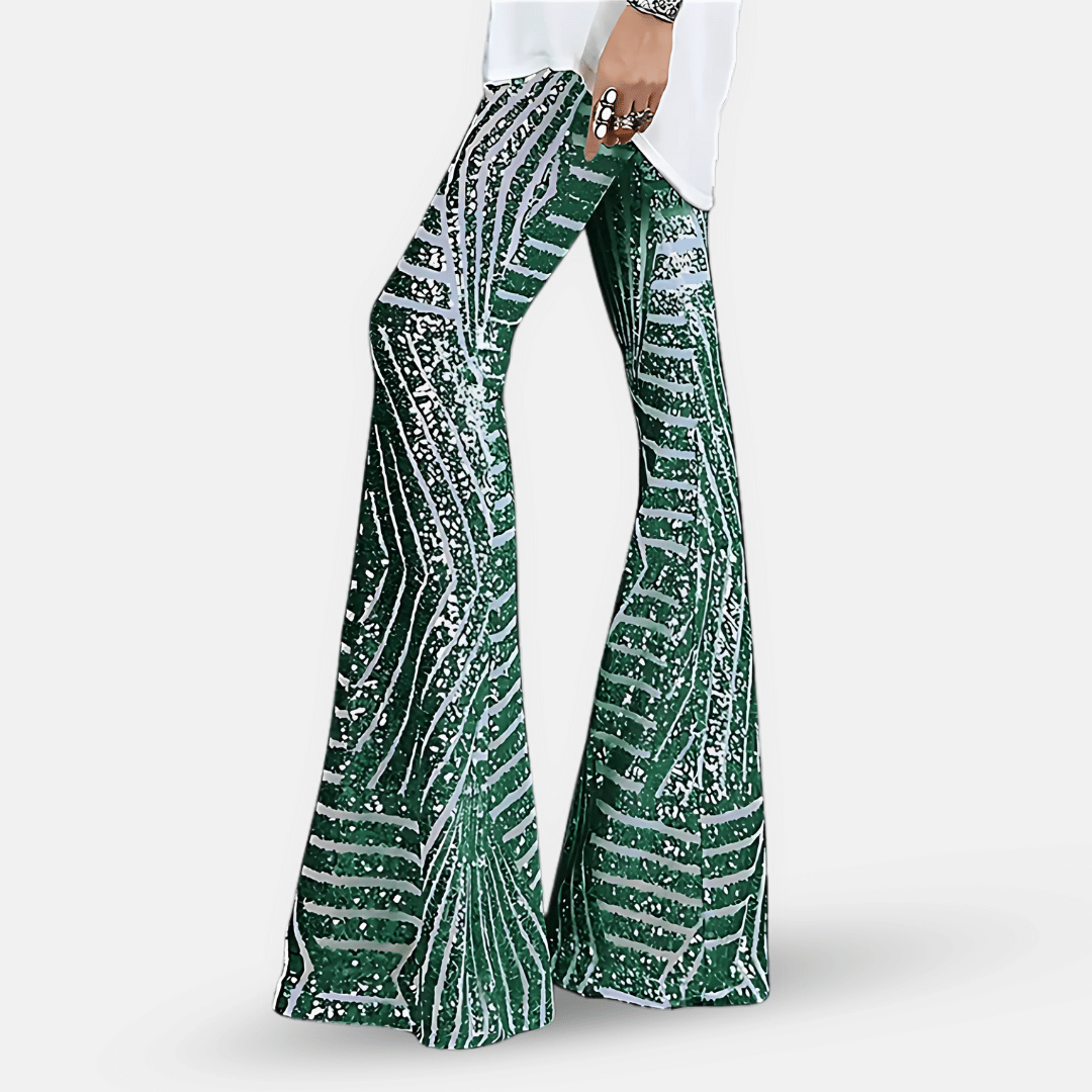 Pantaloni svasati da donna con paillettes e vita alta