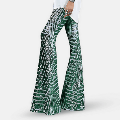Pantaloni svasati da donna con paillettes e vita alta