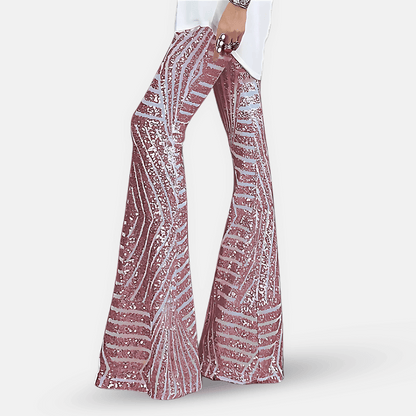 Pantaloni svasati da donna con paillettes e vita alta