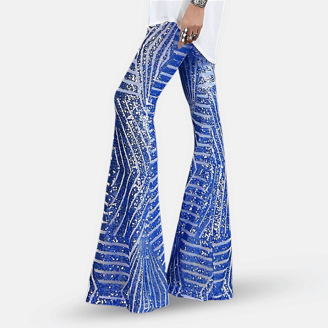 Pantaloni svasati da donna con paillettes e vita alta