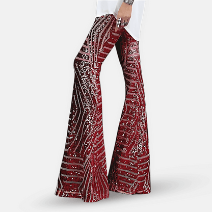 Pantaloni svasati da donna con paillettes e vita alta