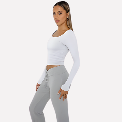 Top corto da donna con scollo quadrato e maniche lunghe