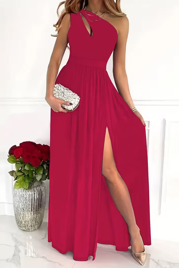 Ladies' Elegant Maxi Dress with One Shoulder Neckline and Split