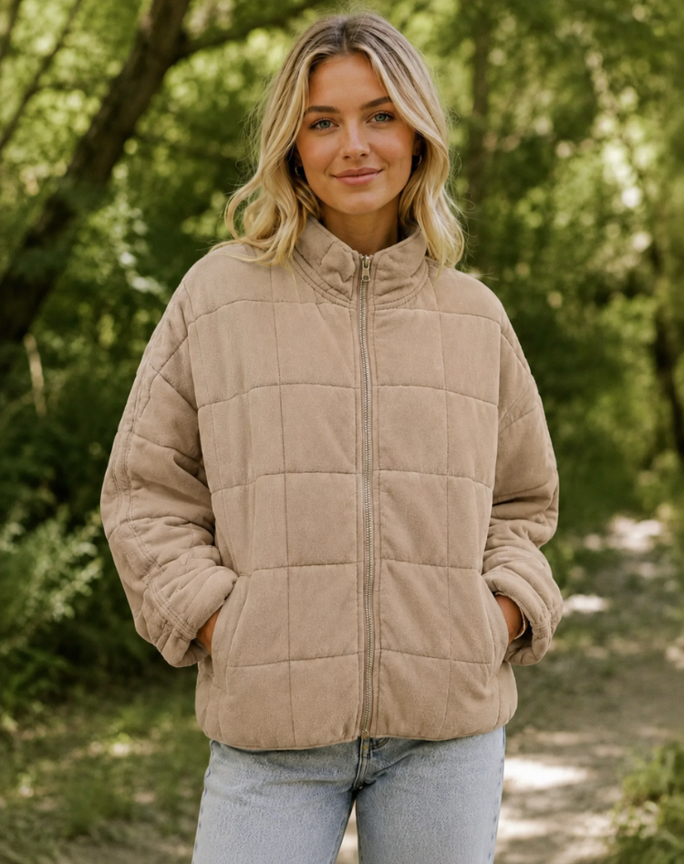 Quilted Bomber Jacket with Zip and Pockets