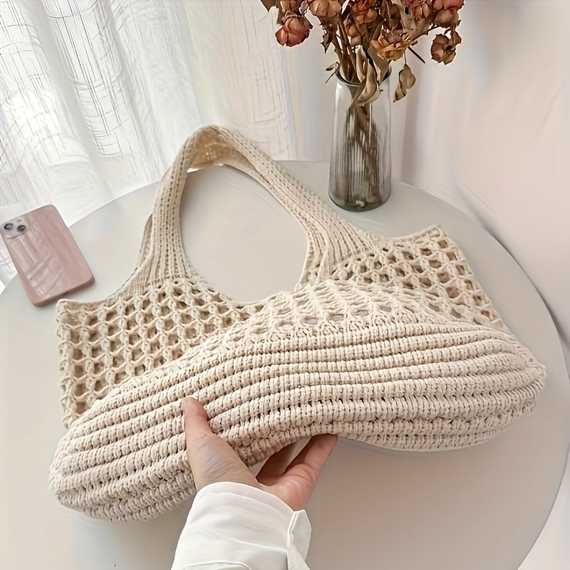 Borsa da spiaggia intrecciata a rete aperta, capiente, da donna