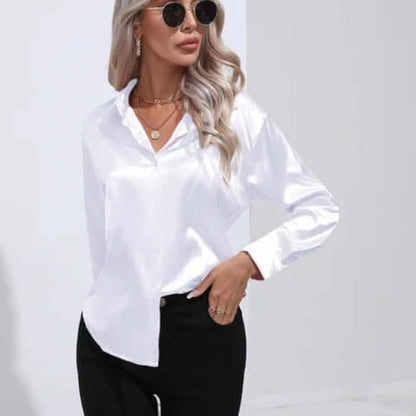 Ladies' Satin Blouse with Long Sleeves and Loose Fit