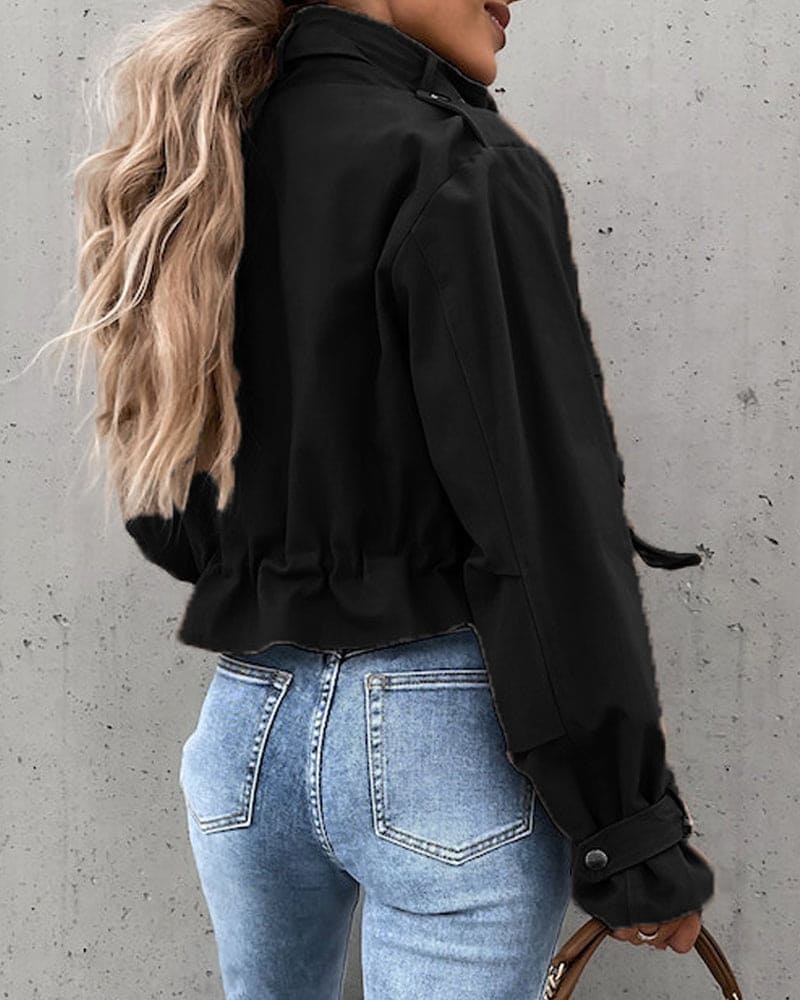 Kurze Bomberjacke für Damen mit Taschen, Kordelzug und Stehkragen