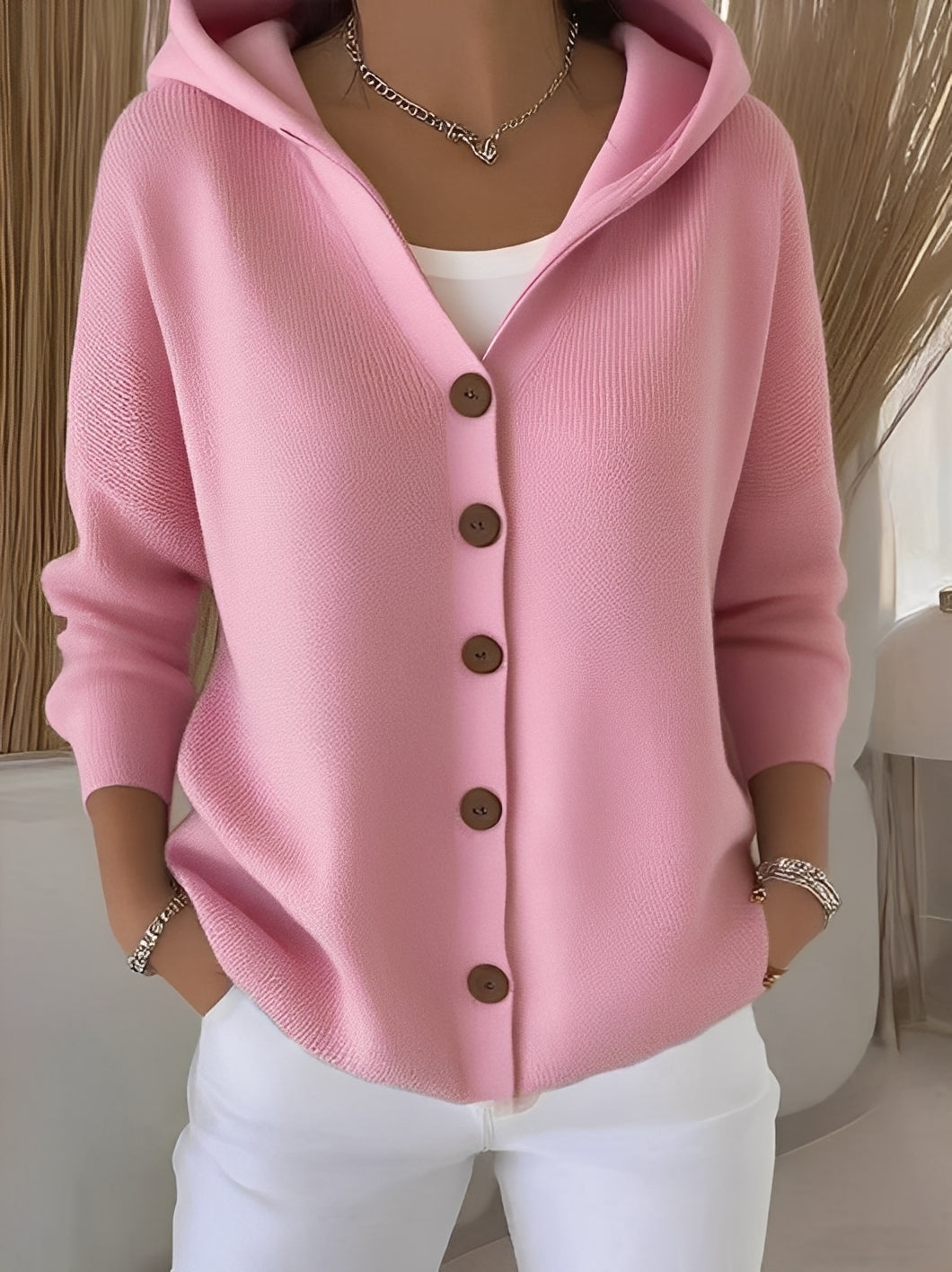 Knitted Ladies' Cardigan with Hood and Buttons for a Comfortable Casual Look