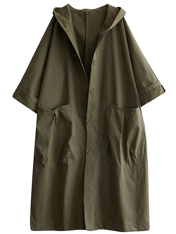 Oversized Midi Trench Coat with Hood and Large Pockets for Women