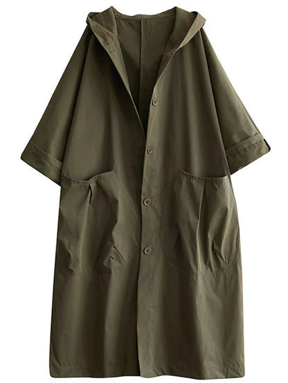 Oversized Midi Trench Coat with Hood and Large Pockets for Women