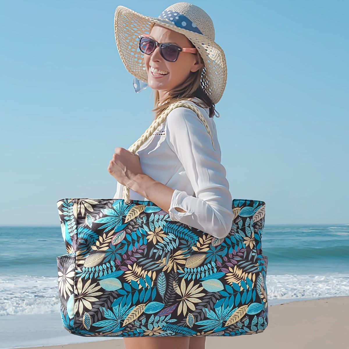 Grand sac de plage tendance à imprimé feuillage - spacieux, résistant et idéal pour les vacances