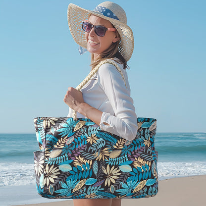Grand sac de plage tendance à imprimé feuillage - spacieux, résistant et idéal pour les vacances
