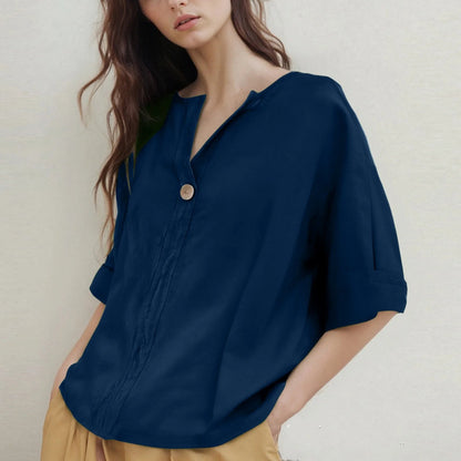 Loose-Fitting V-Neck Blouse with Three-Quarter Sleeves