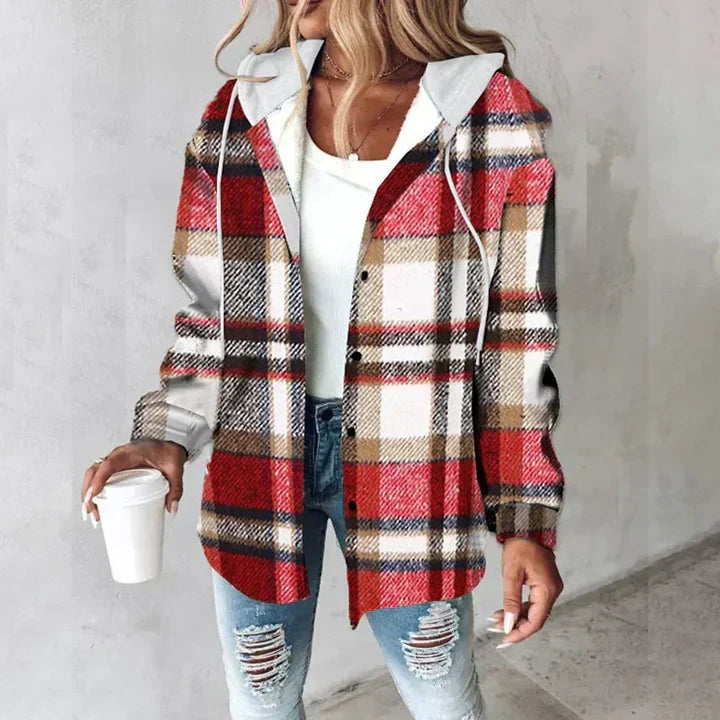 Ladies' Casual Checked Shirt Jacket with Hood and Drawstring