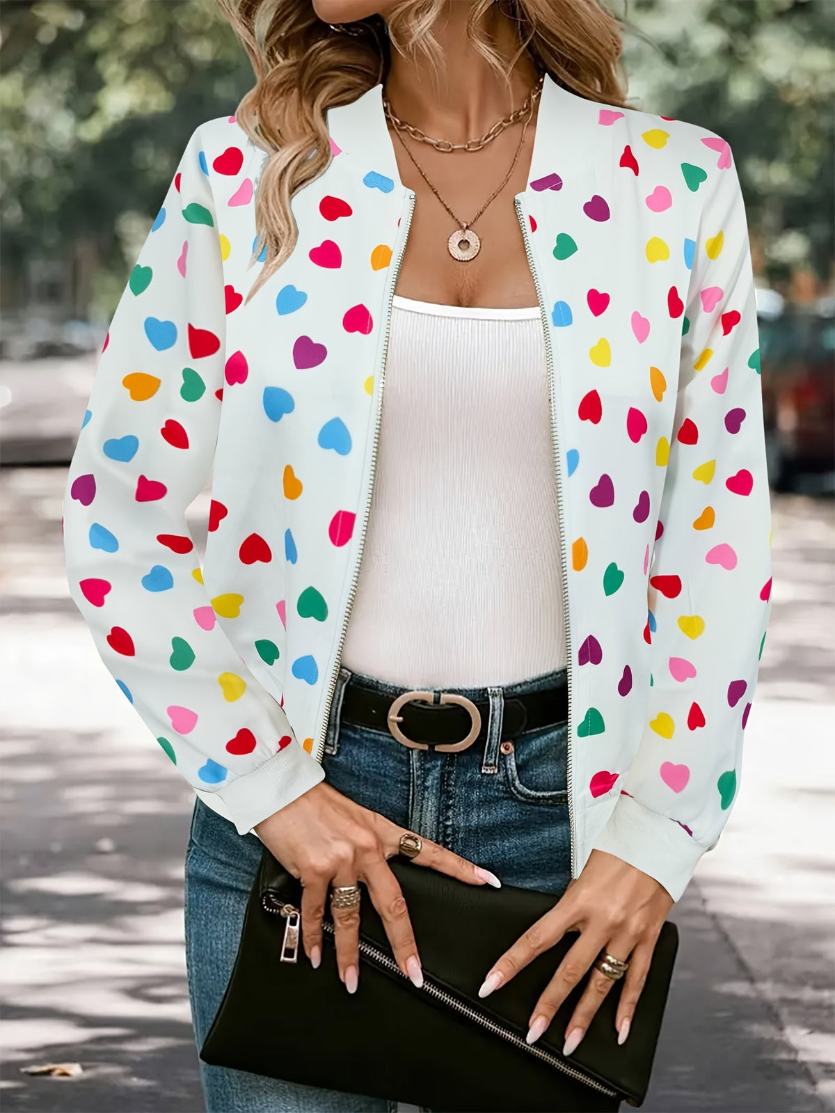 Chaqueta bomber Joyful Hearts – Elegante y cómoda, con cierre, para primavera y otoño