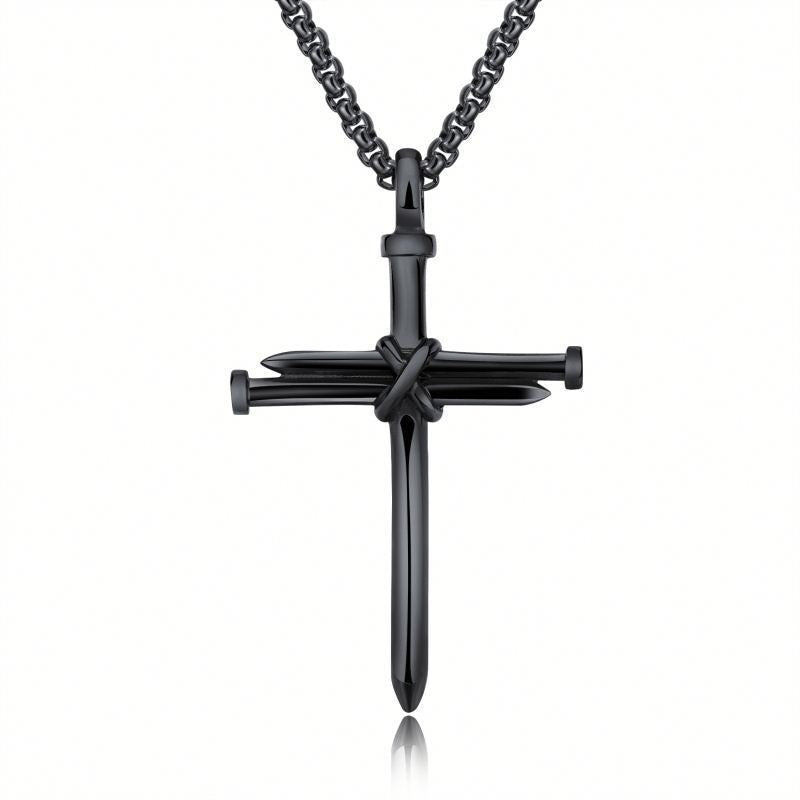 Steel Cross Pendant Necklace with Nail Design (Unisex)
