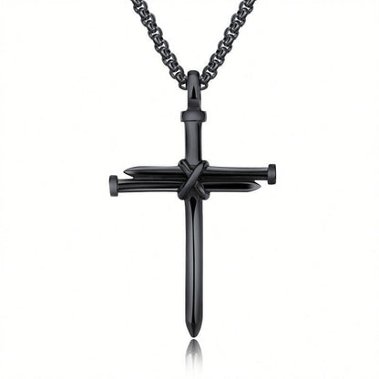 Steel Cross Pendant Necklace with Nail Design (Unisex)