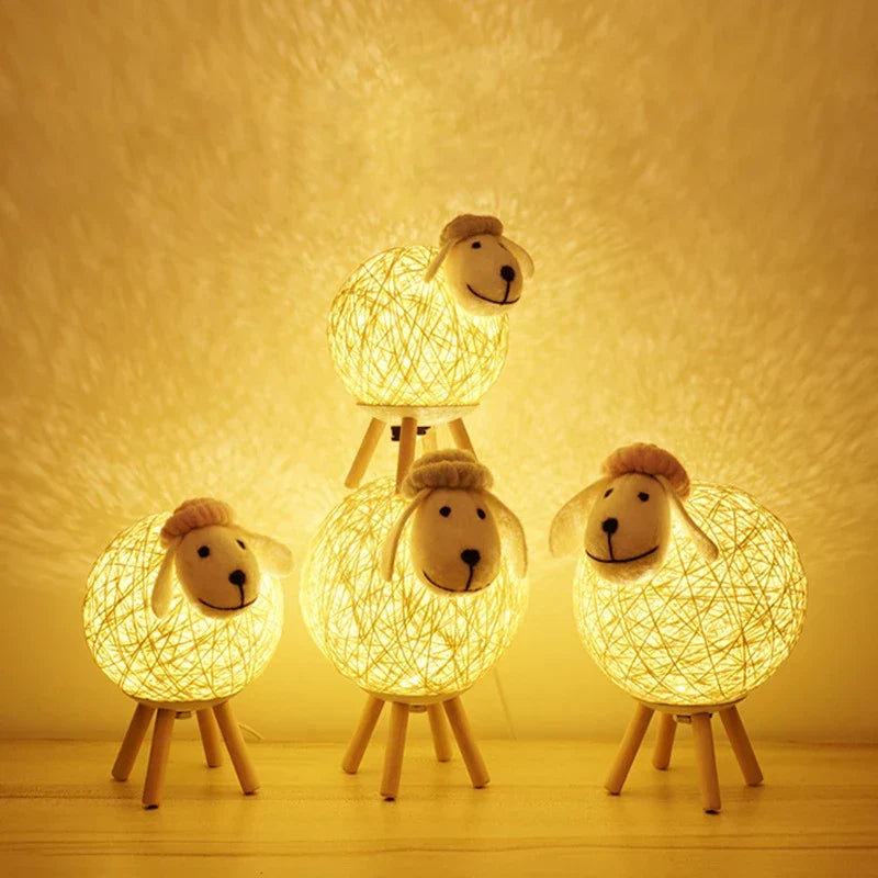 Sheep Night Light with Woven Shade and Wooden Base for a Warm Atmosphere