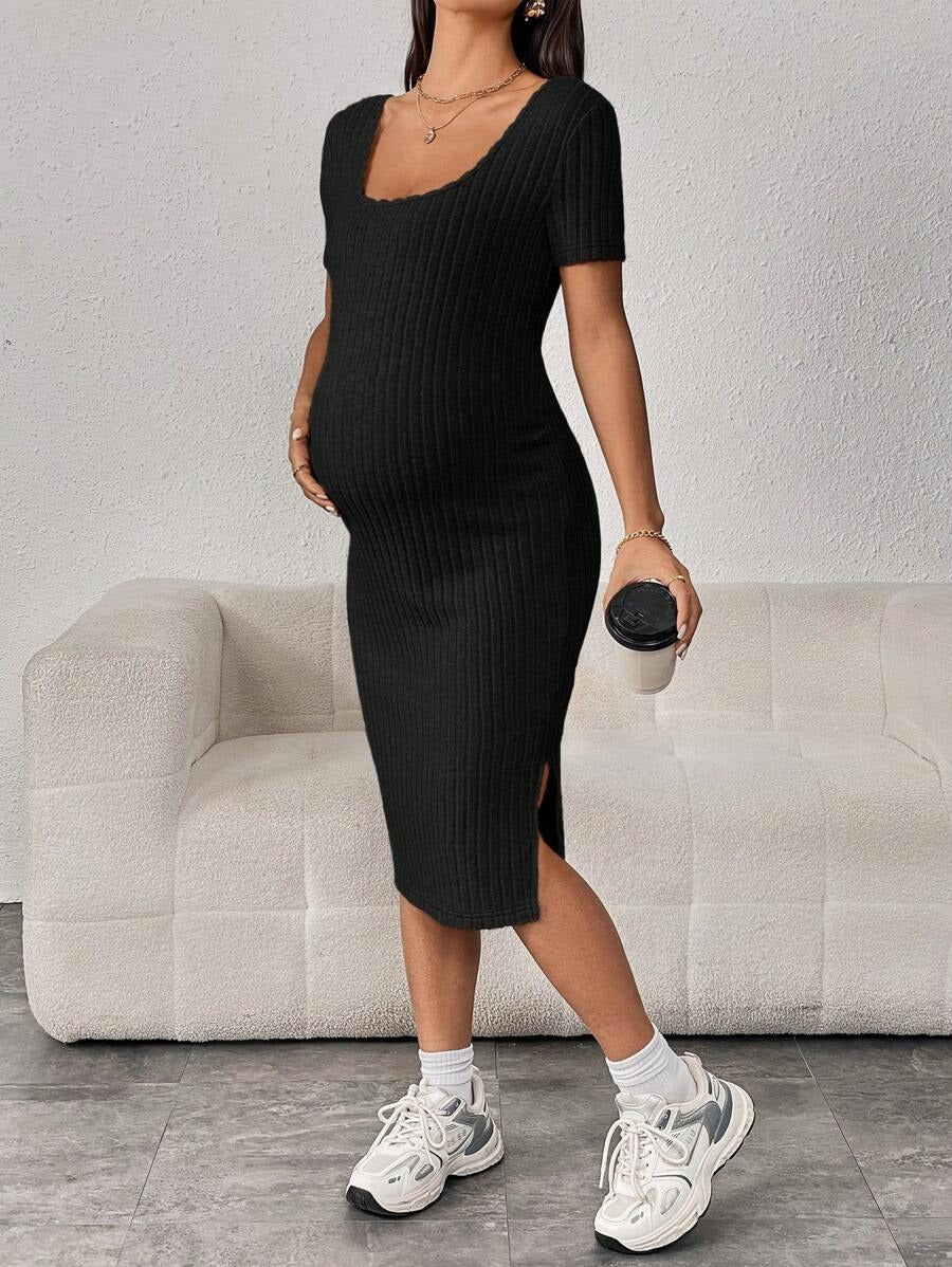 Ribbed Maternity Dress with Split Hem