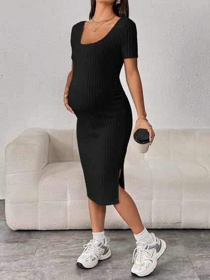 Ribbed Maternity Dress with Split Hem