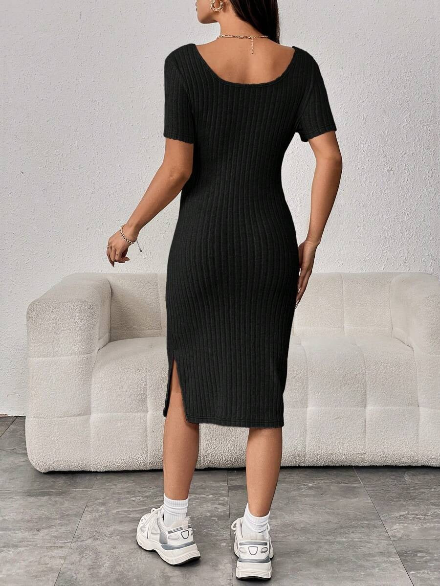 Ribbed Maternity Dress with Split Hem