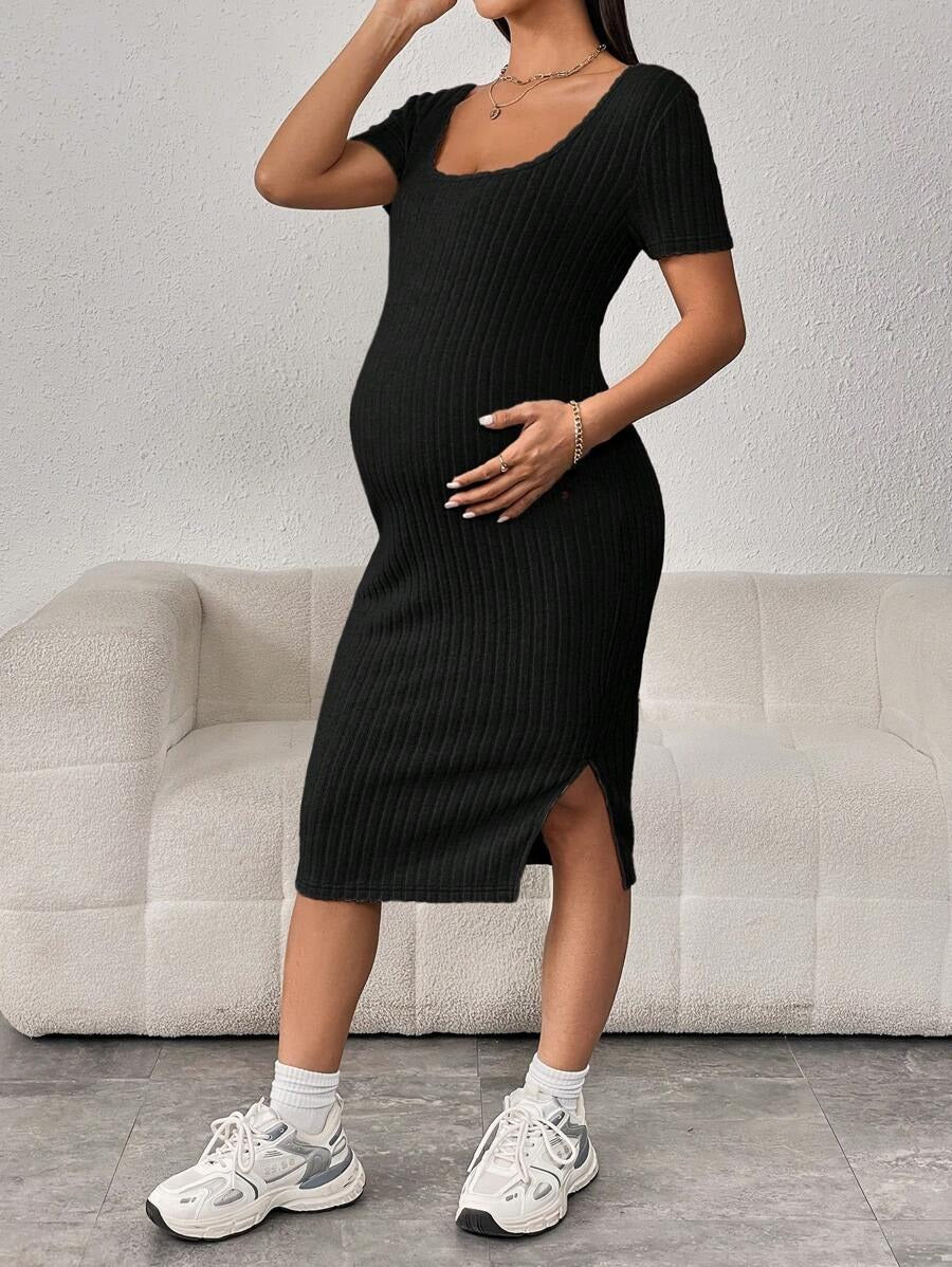 Ribbed Maternity Dress with Split Hem