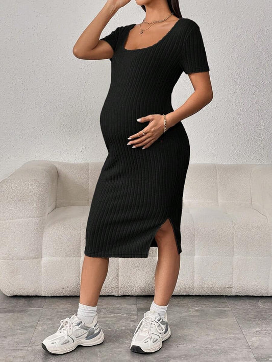 Vestido de maternidad acanalado con abertura en el dobladillo